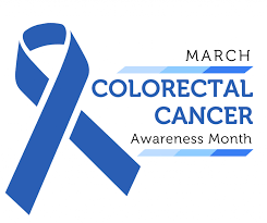 blue ribbon with text: MArch Is Colorectal Cancer Awareness Month