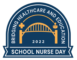 School Nurse Day logo showing a gold bridge on a blue background
