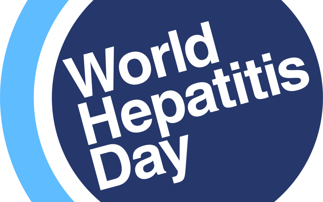blue circle with World Hepatitis Day in white at an angle, lighter blue swirl on the outside left of the main logo