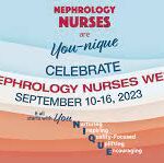 graphic with blue colors fading to orange in background for Nephrology Nurses Week