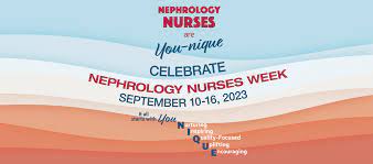 graphic with blue colors fading to orange in background for Nephrology Nurses Week