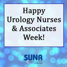 an image saying Happy Urology Nurses and Associates Week on a blue and purple blue blurry background